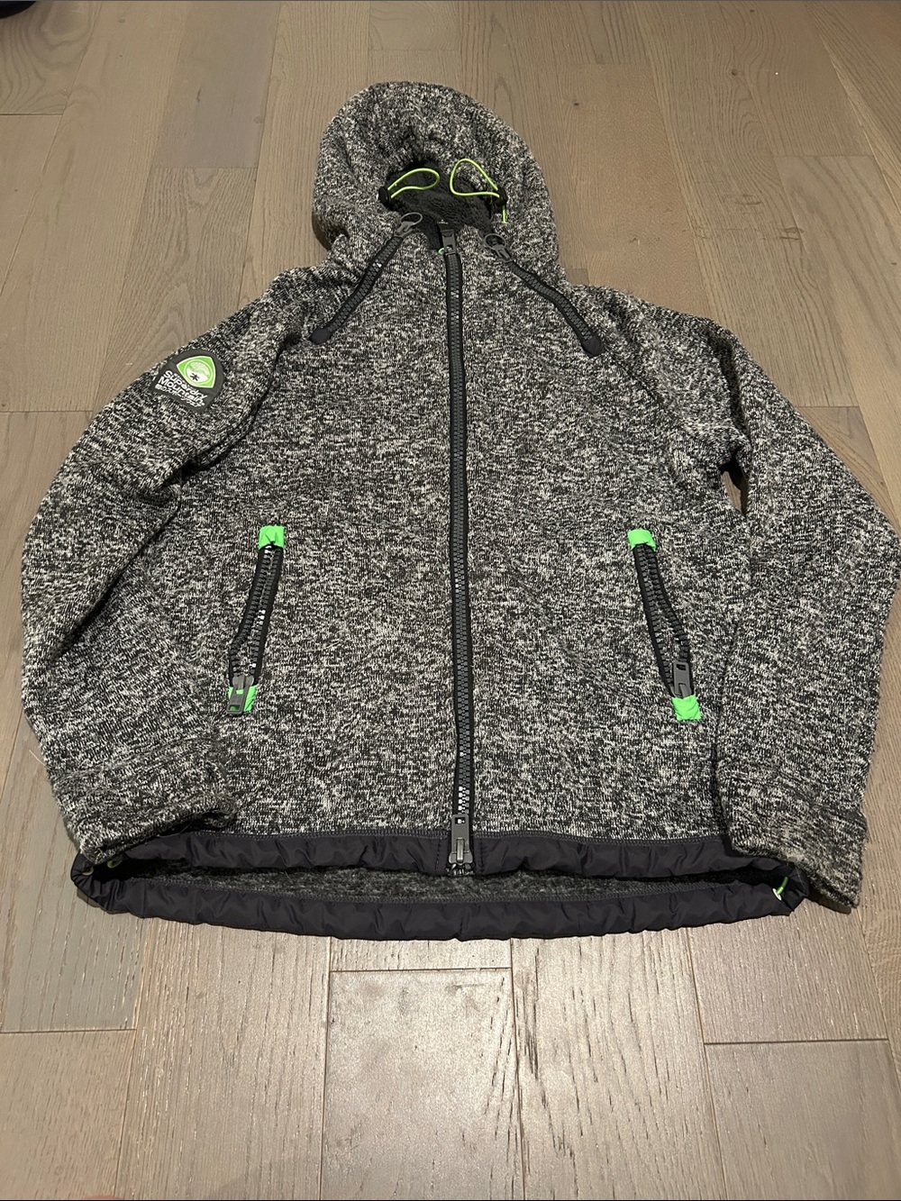 Superdry Grey Knit Hooded Jacket with Neon Green Details